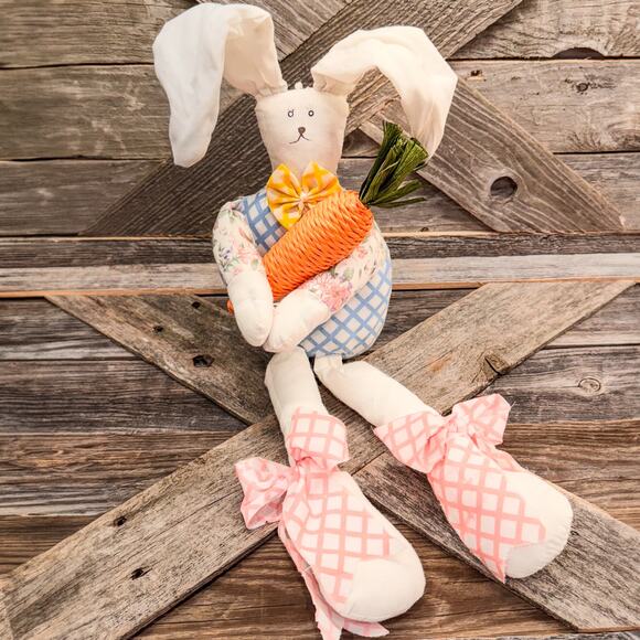 Primitive Vintage Kurt Adler Cloth Easter Bunny Holding Giant Carrot,7”/14” - Picture 9 of 9